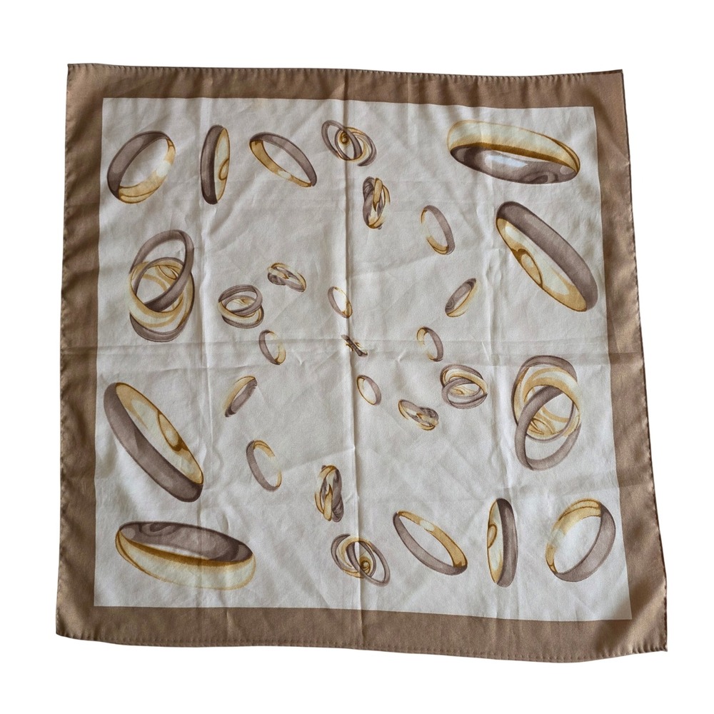 Vintage 80s Tan Cream Gold Interlocking Ring Print Square Silk Feel Neck Scarf